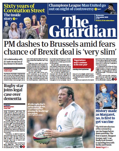 The Guardian Newspaper Front Page (UK) for 9 December 2020