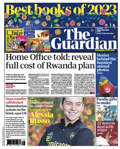 The Guardian Newspaper Front Page (UK) for 9 December 2023