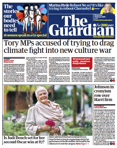 The Guardian Newspaper Front Page (UK) for 9 February 2022