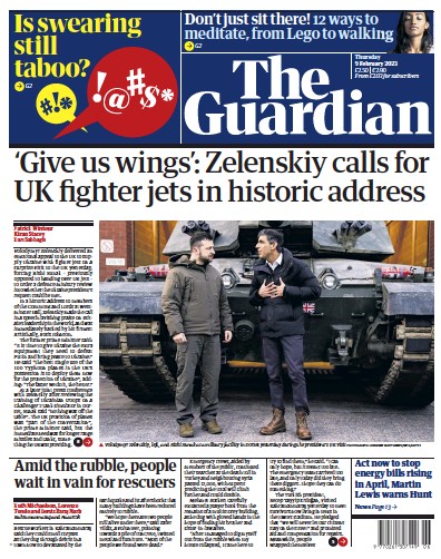 The Guardian Newspaper Front Page (UK) for 9 February 2023