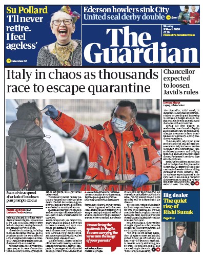 The Guardian Newspaper Front Page (UK) for 9 March 2020