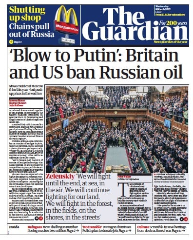 The Guardian Newspaper Front Page (UK) for 9 March 2022