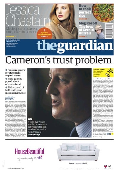 The Guardian Newspaper Front Page (UK) for 9 April 2016