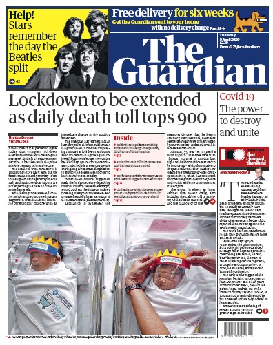 The Guardian Newspaper Front Page (UK) for 9 April 2020