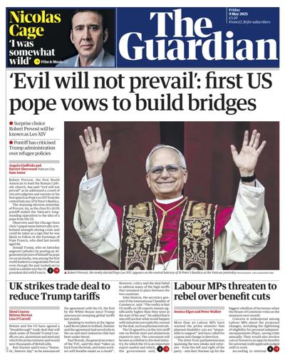 The Guardian Newspaper Front Page (UK) for 9 May 2025