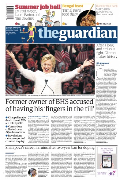 The Guardian Newspaper Front Page (UK) for 9 June 2016