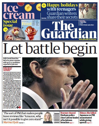 The Guardian Newspaper Front Page (UK) for 9 July 2022