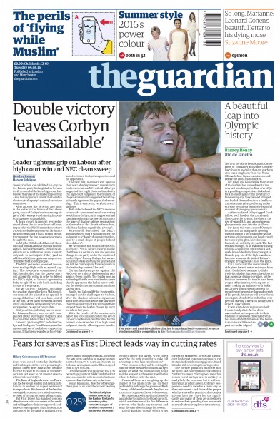 The Guardian Newspaper Front Page (UK) for 9 August 2016