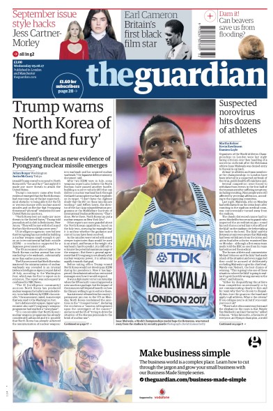 The Guardian Newspaper Front Page (UK) for 9 August 2017