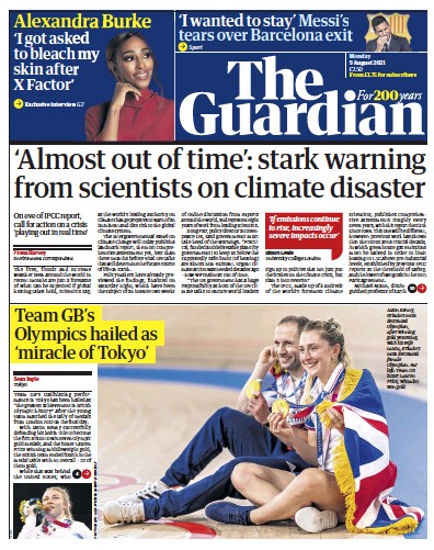 The Guardian Newspaper Front Page (UK) for 9 August 2021