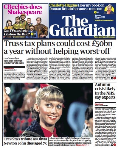 The Guardian Newspaper Front Page (UK) for 9 August 2022