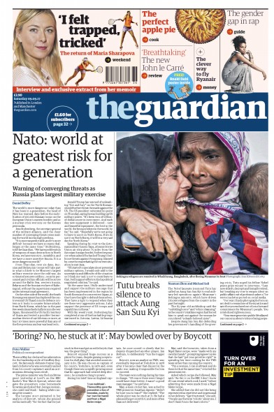 The Guardian Newspaper Front Page (UK) for 9 September 2017