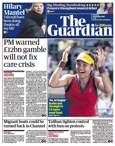 The Guardian Newspaper Front Page (UK) for 9 September 2021