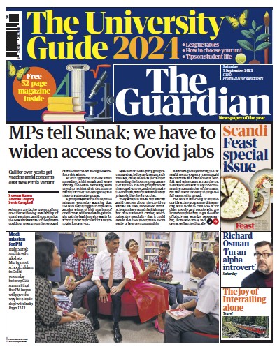 The Guardian Newspaper Front Page (UK) for 9 September 2023