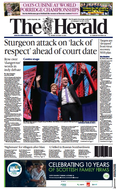The Herald Newspaper Front Page (UK) for 10 October 2022