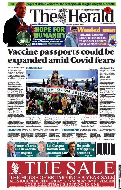 The Herald Newspaper Front Page (UK) for 10 November 2021