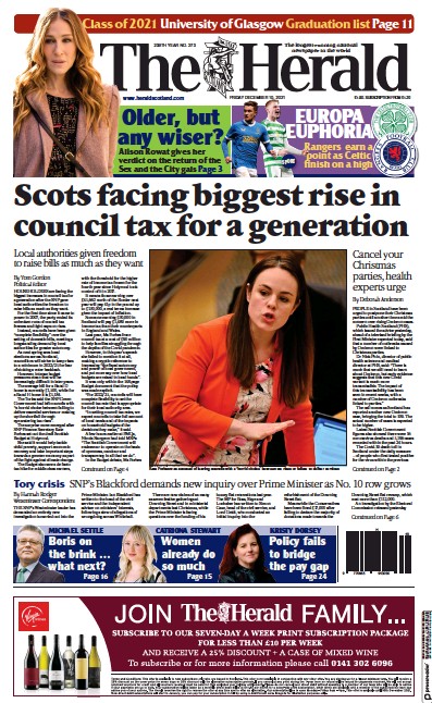 The Herald Newspaper Front Page (UK) for 10 December 2021