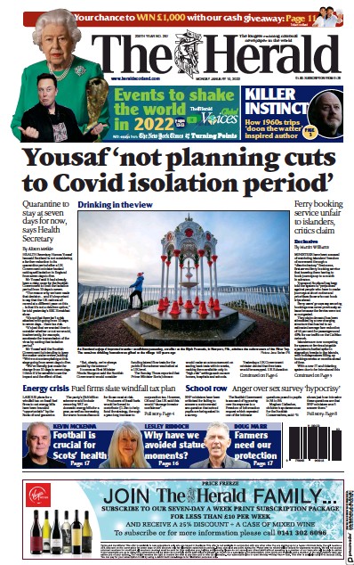 The Herald Newspaper Front Page (UK) for 10 January 2022
