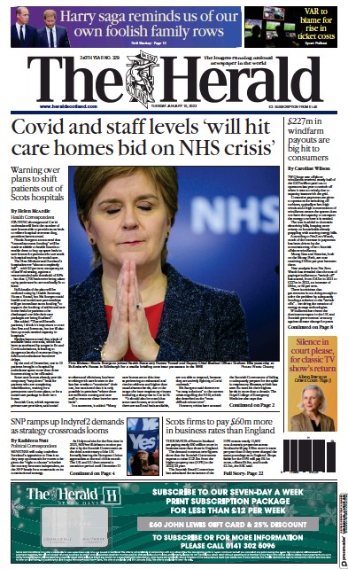 The Herald Newspaper Front Page (UK) for 10 January 2023