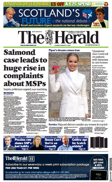 The Herald Newspaper Front Page (UK) for 10 February 2022