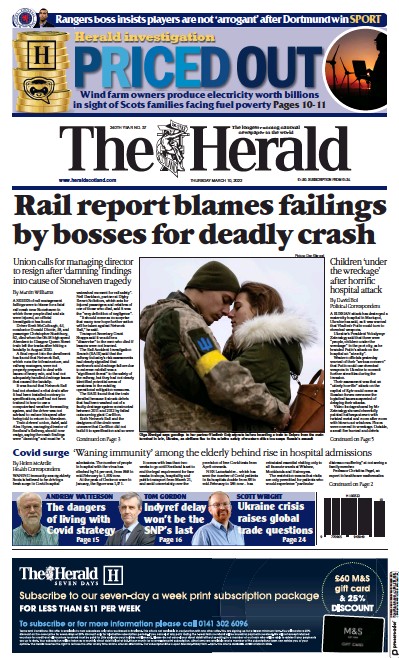 The Herald Newspaper Front Page (UK) for 10 March 2022