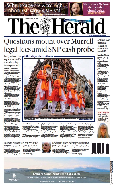 The Herald Newspaper Front Page (UK) for 10 April 2023
