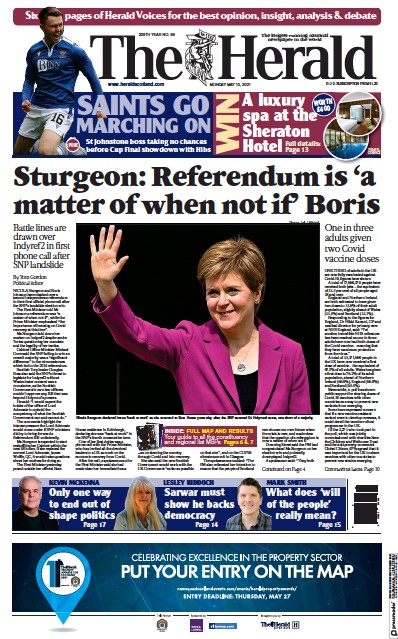 The Herald Newspaper Front Page (UK) for 10 May 2021