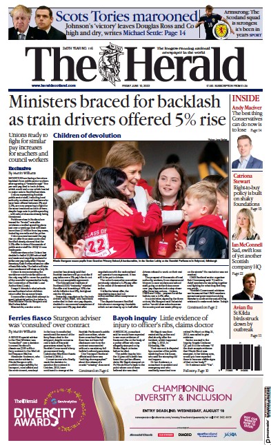 The Herald Newspaper Front Page (UK) for 10 June 2022