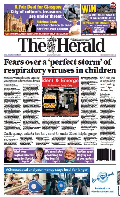 The Herald Newspaper Front Page (UK) for 10 July 2021
