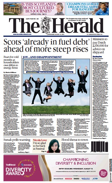 The Herald Newspaper Front Page (UK) for 10 August 2022