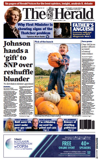 The Herald Newspaper Front Page (UK) for 11 October 2021
