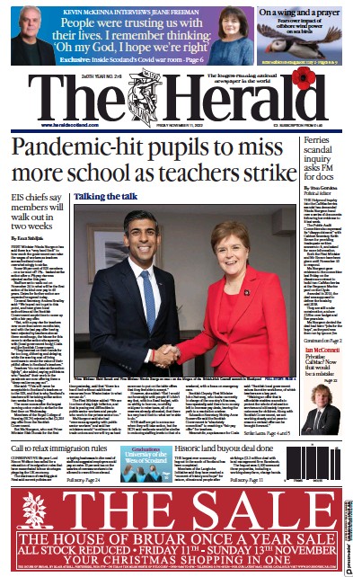 The Herald Newspaper Front Page (UK) for 11 November 2022