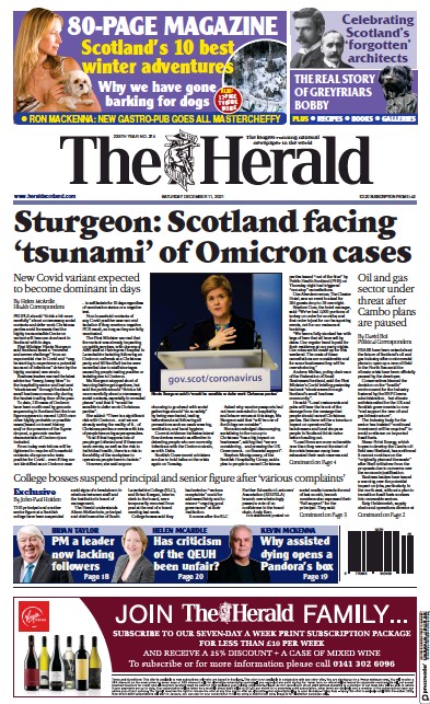 The Herald Newspaper Front Page (UK) for 11 December 2021