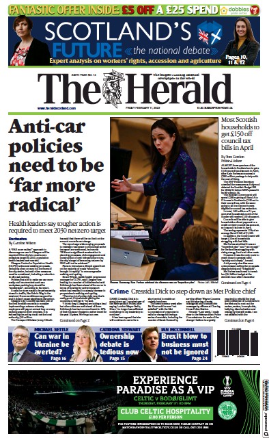 The Herald Newspaper Front Page (UK) for 11 February 2022