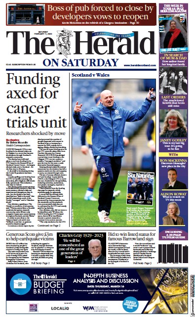 The Herald Newspaper Front Page (UK) for 11 February 2023