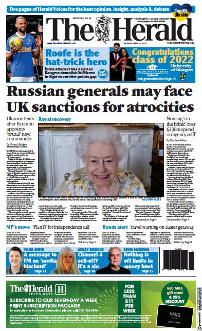 The Herald Newspaper Front Page (UK) for 11 April 2022
