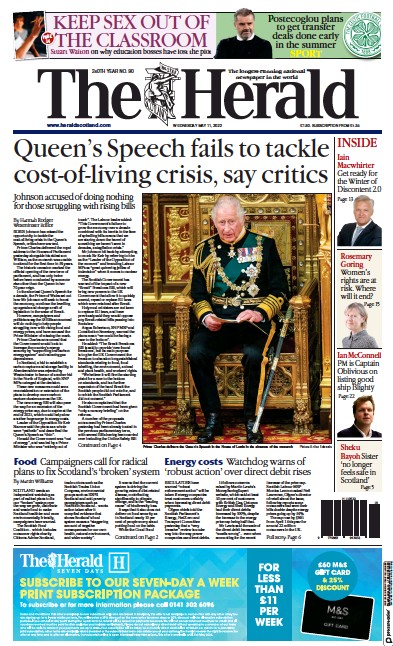 The Herald Newspaper Front Page (UK) for 11 May 2022