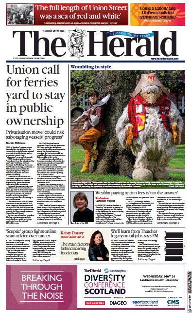The Herald Newspaper Front Page (UK) for 11 May 2023