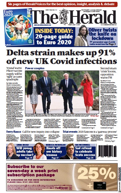 The Herald Newspaper Front Page (UK) for 11 June 2021
