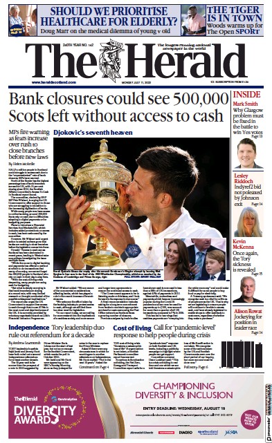 The Herald Newspaper Front Page (UK) for 11 July 2022
