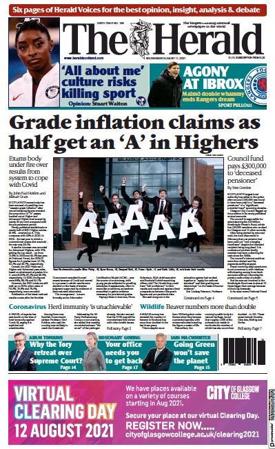 The Herald Newspaper Front Page (UK) for 11 August 2021