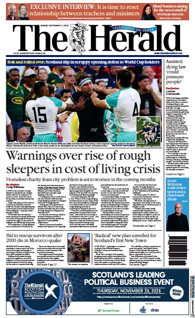 The Herald Newspaper Front Page (UK) for 11 September 2023