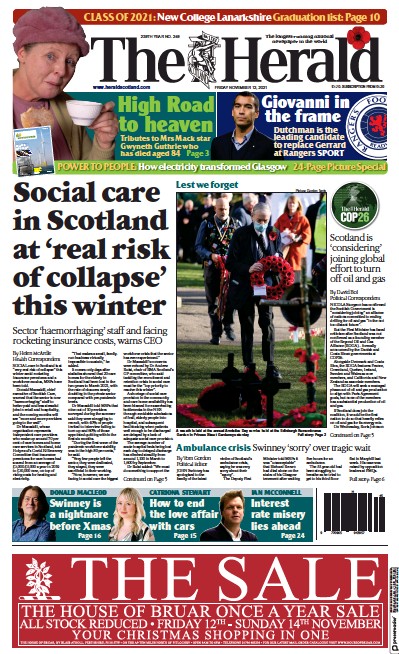 The Herald Newspaper Front Page (UK) for 12 November 2021