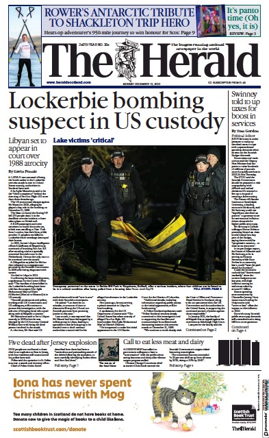 The Herald Newspaper Front Page (UK) for 12 December 2022