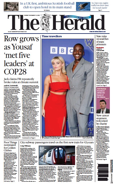 The Herald Newspaper Front Page (UK) for 12 December 2023
