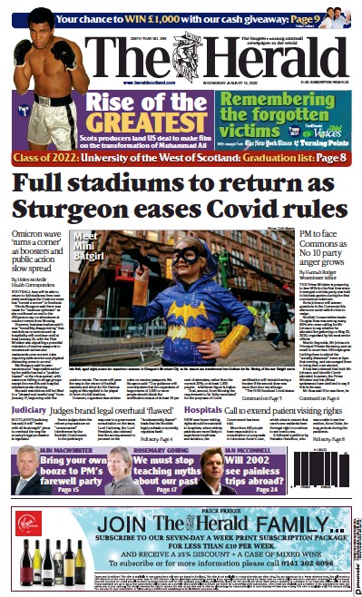 The Herald Newspaper Front Page (UK) for 12 January 2022