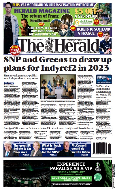 The Herald Newspaper Front Page (UK) for 12 February 2022