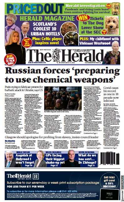 The Herald Newspaper Front Page (UK) for 12 March 2022