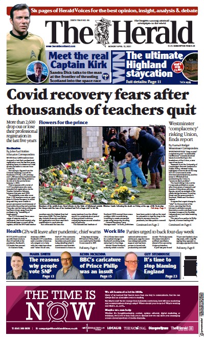 The Herald Newspaper Front Page (UK) for 12 April 2021