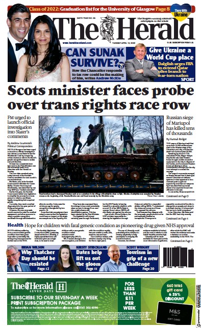 The Herald Newspaper Front Page (UK) for 12 April 2022